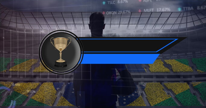 Image of data processing over male rugby player with ball at stadium