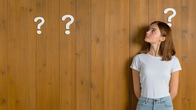 Young Woman Contemplating Decisions, Uncertain Future, Question Marks