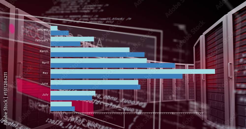 Poster image of data processing and servers over black background