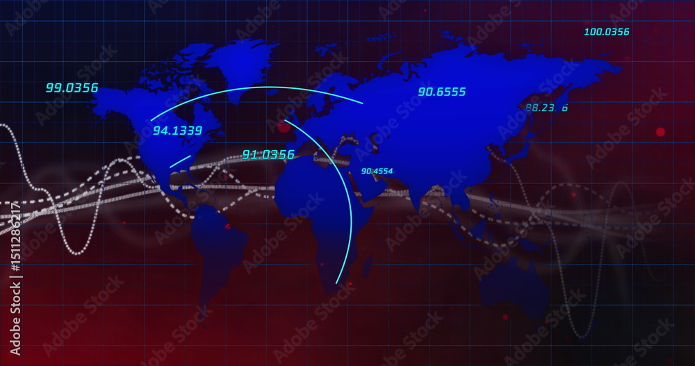 Aufkleber image of graphs, data and world map on dark red background