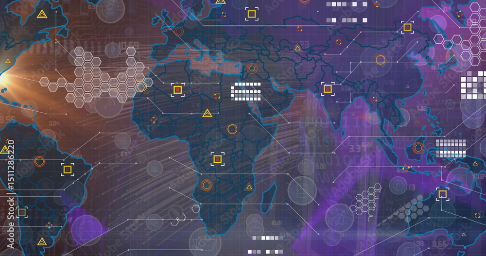 Poster image of icons, data and world map on violet background