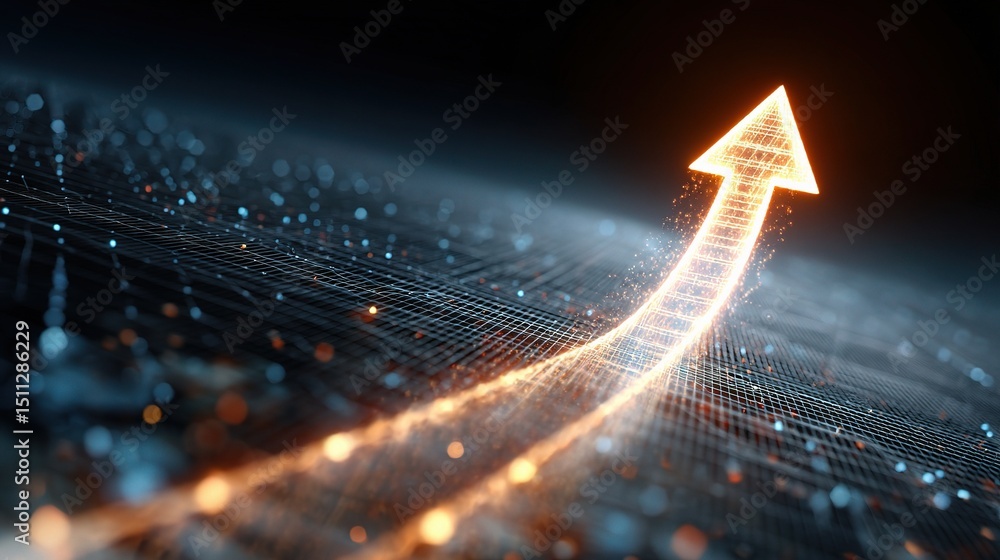 Poster futuristic digital chart with rising arrow on grid background