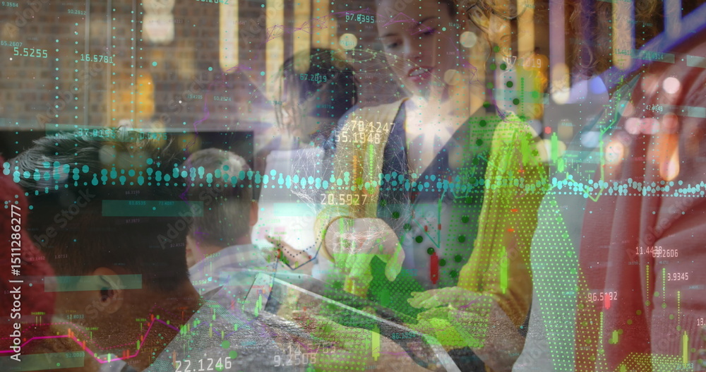 Poster image of financial data processing over tired man using computer