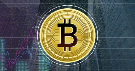 Image of data processing and bitcoin over cityscape