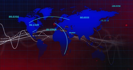 Image of graphs, data and world map on dark red background