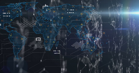 Image of icons, data and world map on black background