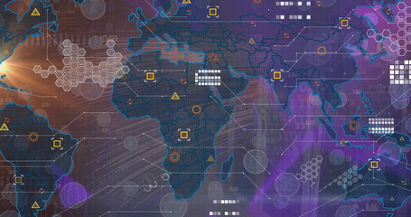 Image of icons, data and world map on violet background