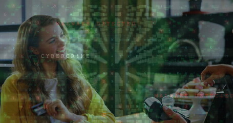 Image of files icons and cyberattack warning over diverse people paying with credit card