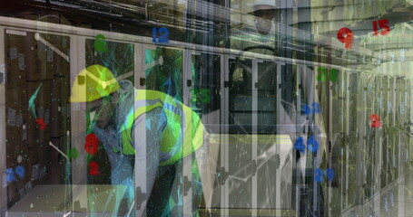 Image of shapes over caucasian male warehouse worker and servers