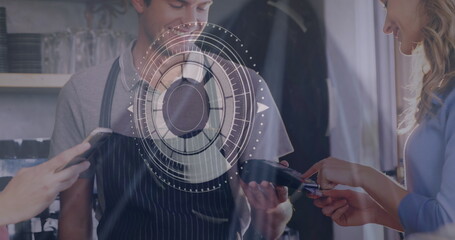 Image of data processing and scope scanning over diverse people paying with smartphone