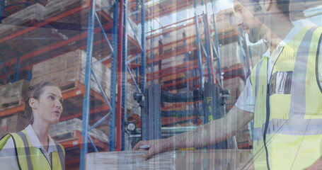 Image of data processing over caucasian female and male warehouse workers and servers