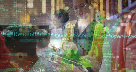 Image of financial data processing over tired man using computer