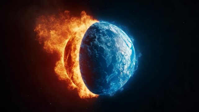 Dramatic cosmic scene of planet split in half with fiery flame on one side and icy frost on other, showing extreme heat and cold in space with glowing molten core and frozen blue surface - Powered by Adobe