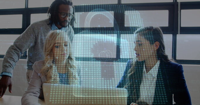 Image of digital padlock over happy diverse female and male coworkers - Powered by Adobe