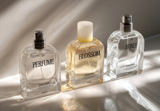 Three Perfume Bottles Mockup with Natural Light