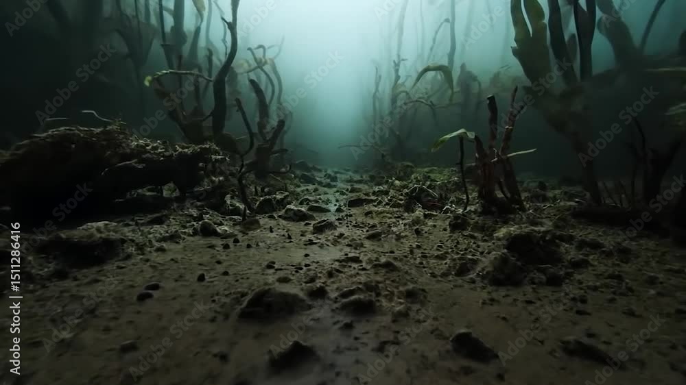 Poster underwater view with brown algae and green plants. sunlight filters through the water creating an at