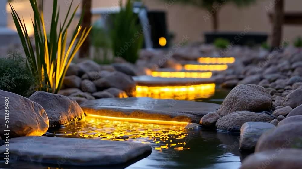 Poster Tranquil nighttime landscape featuring a stone path with illuminated steps cascading over a stream Reflective water and soft lighting create a peaceful ambiance