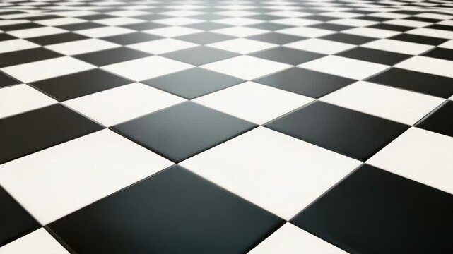 Black and white checkerboard floor tile pattern with glossy texture creates striking geometric design in close up, evoking modern, clean, and elegant atmosphere with smooth finish