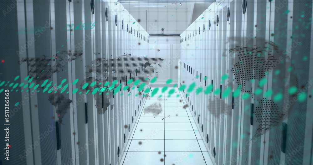 Poster data processing, spinning globe and world map over empty computer server room