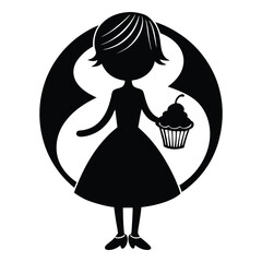 A charming silhouette of a cute girl holding a cupcake, capturing a sweet and joyful moment with simple, clean lines and a playful, heartwarming vibe.
