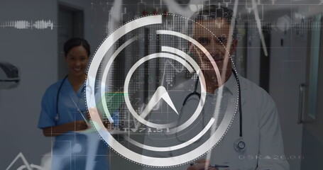 Image of data processing and moving clock over diverse doctors