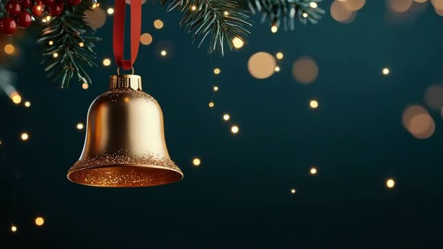 Golden bell ornament hanging on pine branch with red ribbon and glowing lights creating warm festive holiday decoration and Christmas light celebration with cozy festive atmosphere