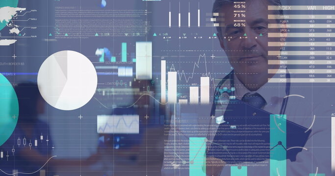 Image of financial data and graphs over happy caucasian senior male doctor - Powered by Adobe