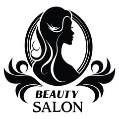 Elegant beauty salon logo featuring a graceful woman silhouette with flowing hair, symbolizing style, femininity, and professional care in a luxurious setting.
