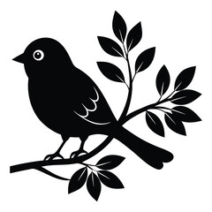 Silhouette of a cute bird perched on a tree branch, with delicate leaves around, capturing a peaceful and charming moment in nature's simplicity.

