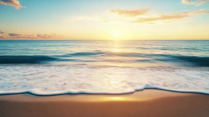Sunset over calm ocean waves gently rolling onto sandy beach with soft clouds in sky and calm water reflecting warm light, creating peaceful and serene atmosphere by horizon sea - Powered by Adobe