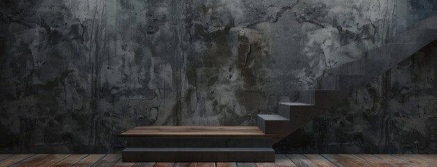 Modern Dark Staircase Against Textured Concrete Wall