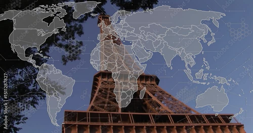 Poster on start world map fading in on eiffel tower as network patterns animating showing connectivity