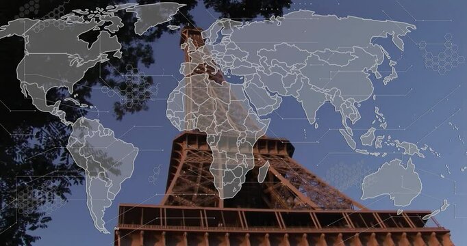 On start world map fading in on Eiffel Tower as network patterns animating showing connectivity