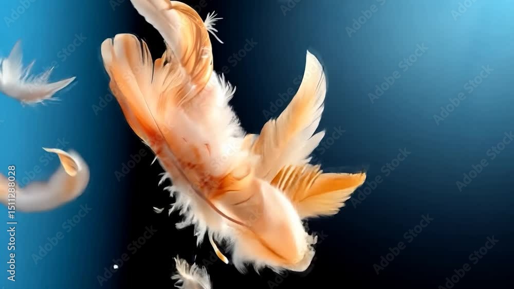 Poster close-up of delicate feathers in shades of orange and white floating against a gradient blue and bla