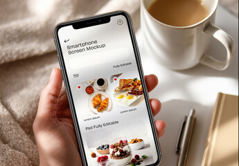 Smartphone Mockup Held Over Coffee and Notebook Scene
