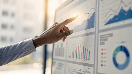 Business professional analyzing data on a digital dashboard with graphs and charts.