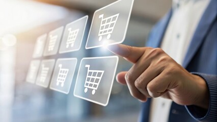 Hand pressing a digital shopping cart icon on a touchscreen interface.