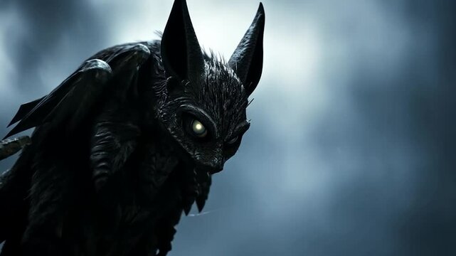 Close-up of a dark creature with glowing yellow eyes perched on a stone structure under a stormy sky. Detailed texture and dramatic lighting create a sense of mystery and foreboding