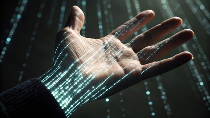 A hand with digital patterns illuminated against a dark background.