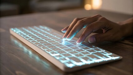 A hand is typing on a glowing keyboard in a dimly lit environment.
