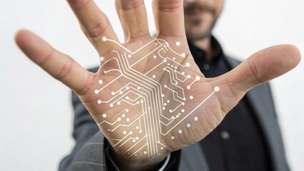 A hand with electronic circuitry designs, symbolizing technology and innovation.