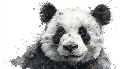 Watercolor panda portrait with dynamic ink splashes, isolated on pure white background, a vivid creation that combines traditional Chinese brushstrokes with Western modern art styles.