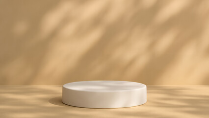 White matte podium with wide cylindrical form placed in a warm tan-colored room, featuring natural soft shadows of foliage under bright directional sunlight.