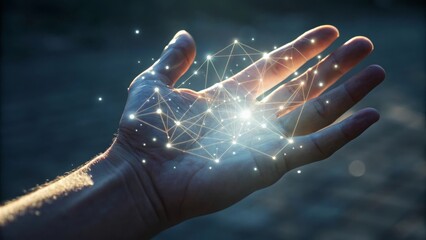 A hand holding a glowing network of connected lines and dots.