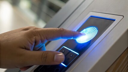 Finger on a biometric scanner, indicating secure access technology in use.