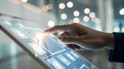 A hand interacting with a touchscreen device, showcasing modern technology and digital interface.