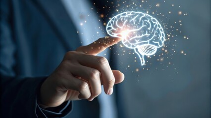 A hand reaches out to a glowing, digital brain illustration, symbolizing innovation and creativity.