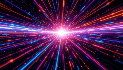 Fototapeta premium abstract cosmic background with neon glowing rays in motion on black background, subject positioned at the top with copy space at the bottom for text.