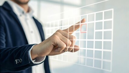 Touchscreen interaction with a professional in a modern office setting.