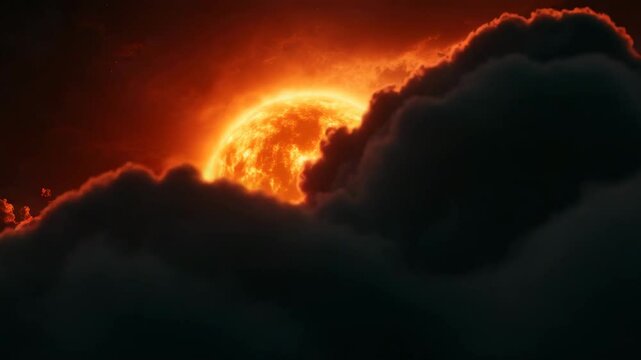 Sunset behind dark clouds with glowing orange light creating dramatic sky and intense atmosphere, fiery sun surrounded by vibrant orange clouds in natures powerful light.